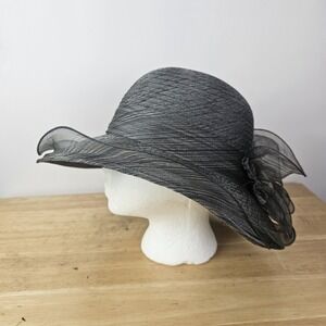 Yayilu‎ Gray Organza Floral Sun Hat One Size Mesh Wide Brim Church Dressy